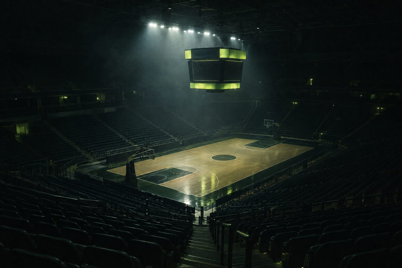 Empty arena under overhead lights